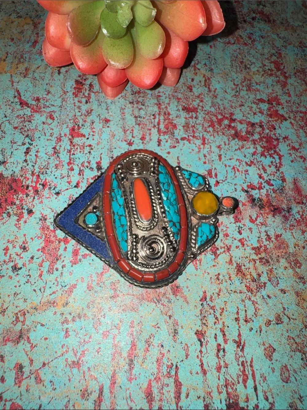 Tibetan Turquoise & Coral Pendant